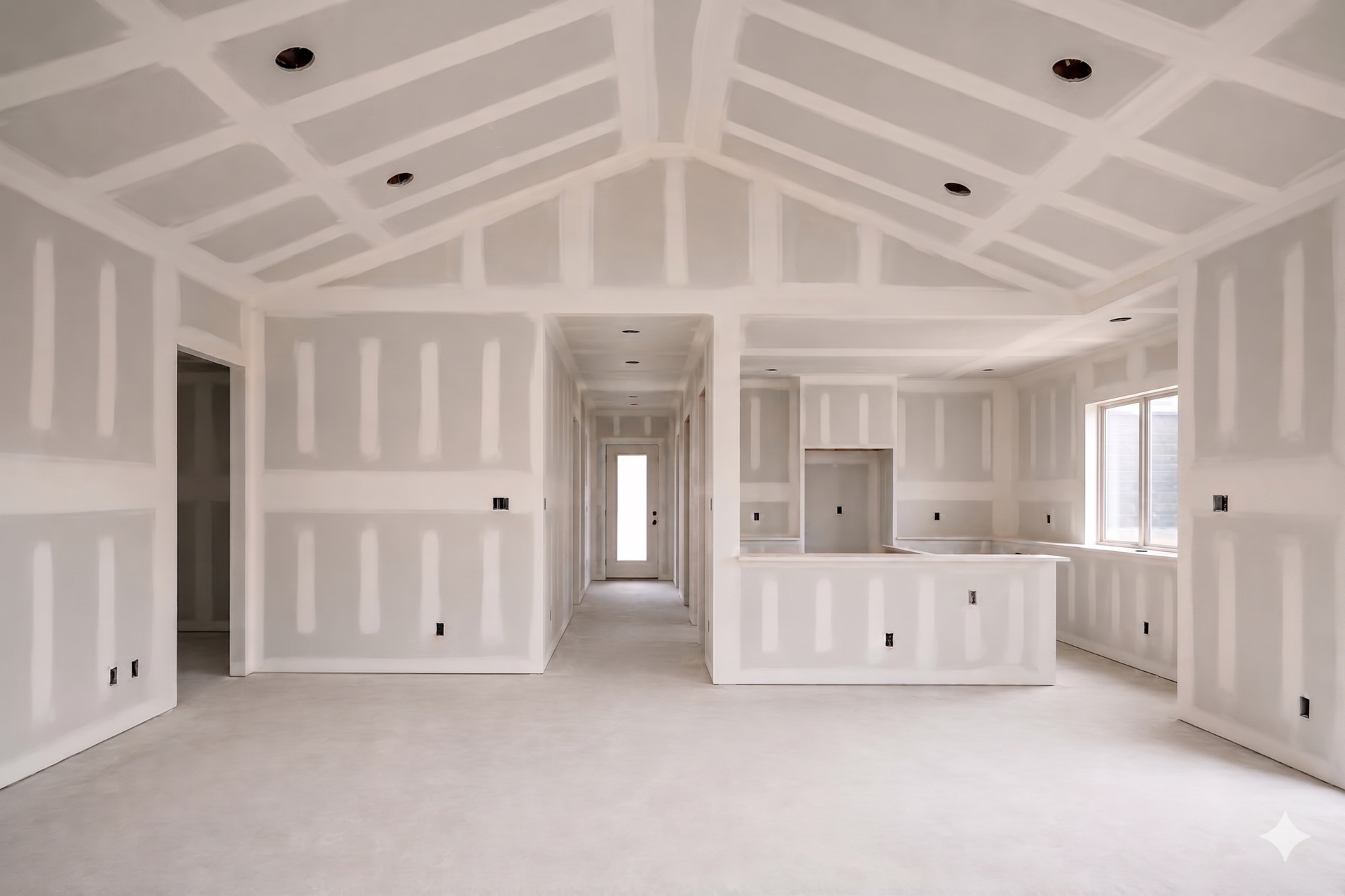 Calgary drywall — straight joints, cathedral ceiling, clean floor before paint