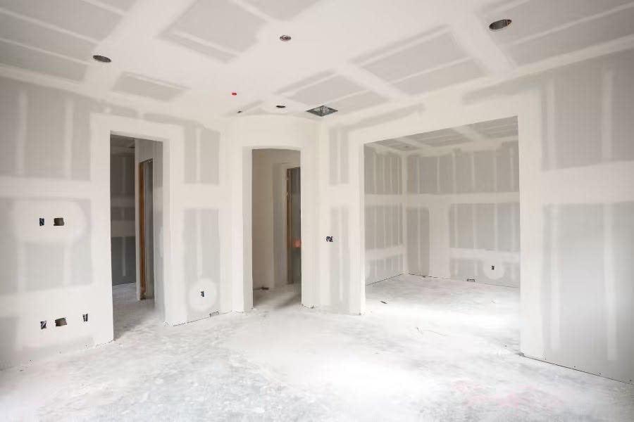 Calgary living room with taped and sanded drywall and a coffered ceiling, ready for paint